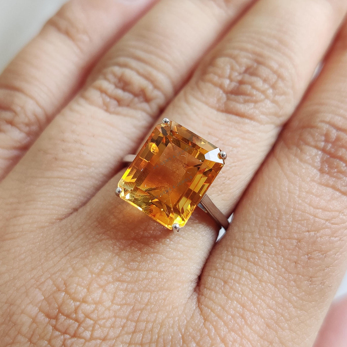 Natural Citrine Octagon Ring, 14K Solid White Gold, November Birthstone