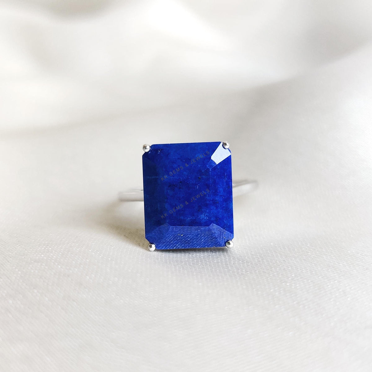 Natural Lapis Lazuli Ring, 14K Solid White Gold, September Birthstone