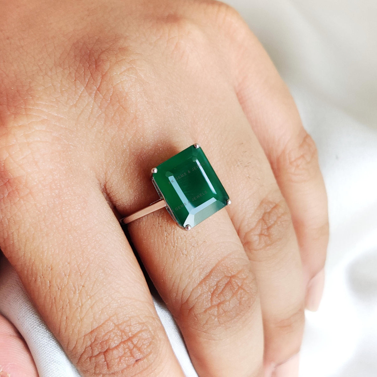 Natural Green Onyx Ring, 14K Solid White Gold, May Birthstone