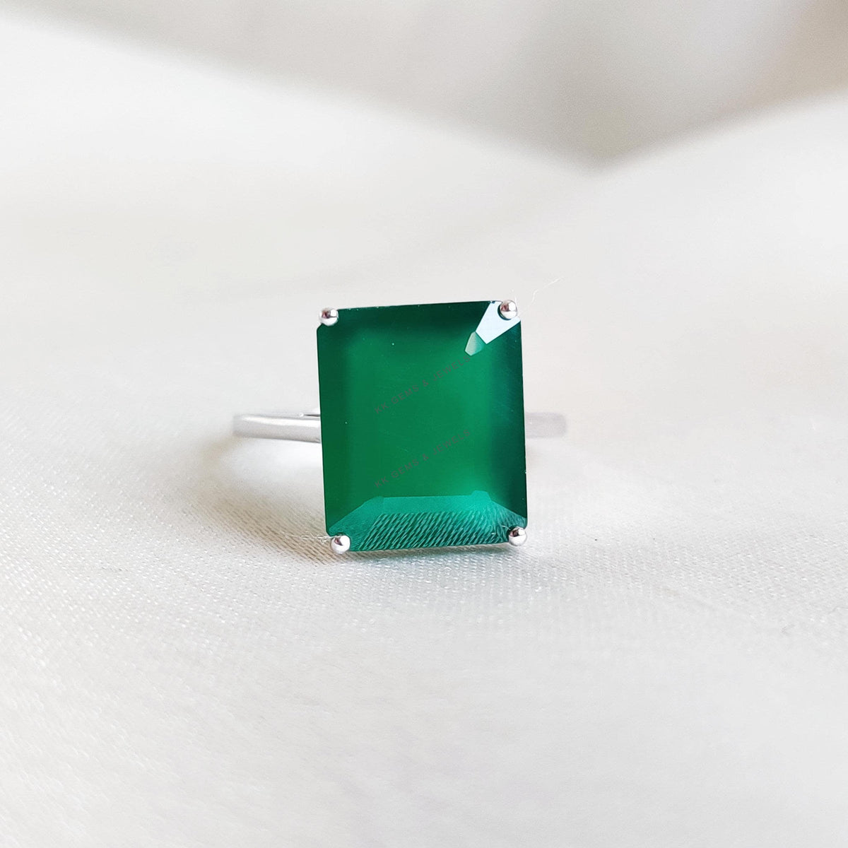 Natural Green Onyx Ring, 14K Solid White Gold, May Birthstone