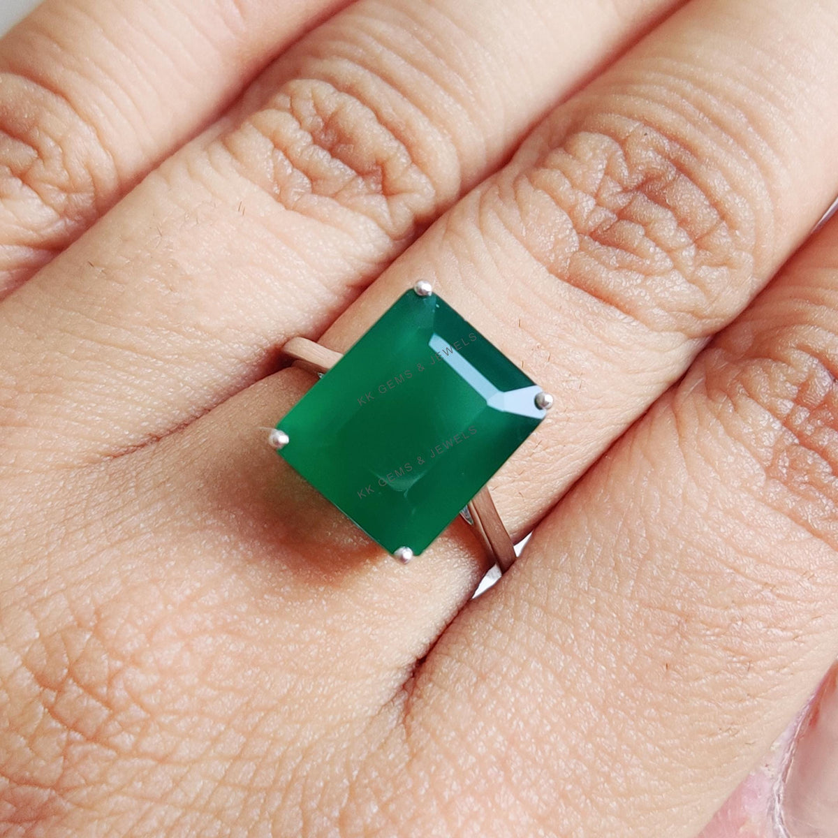 Natural Green Onyx Ring, 14K Solid White Gold, May Birthstone