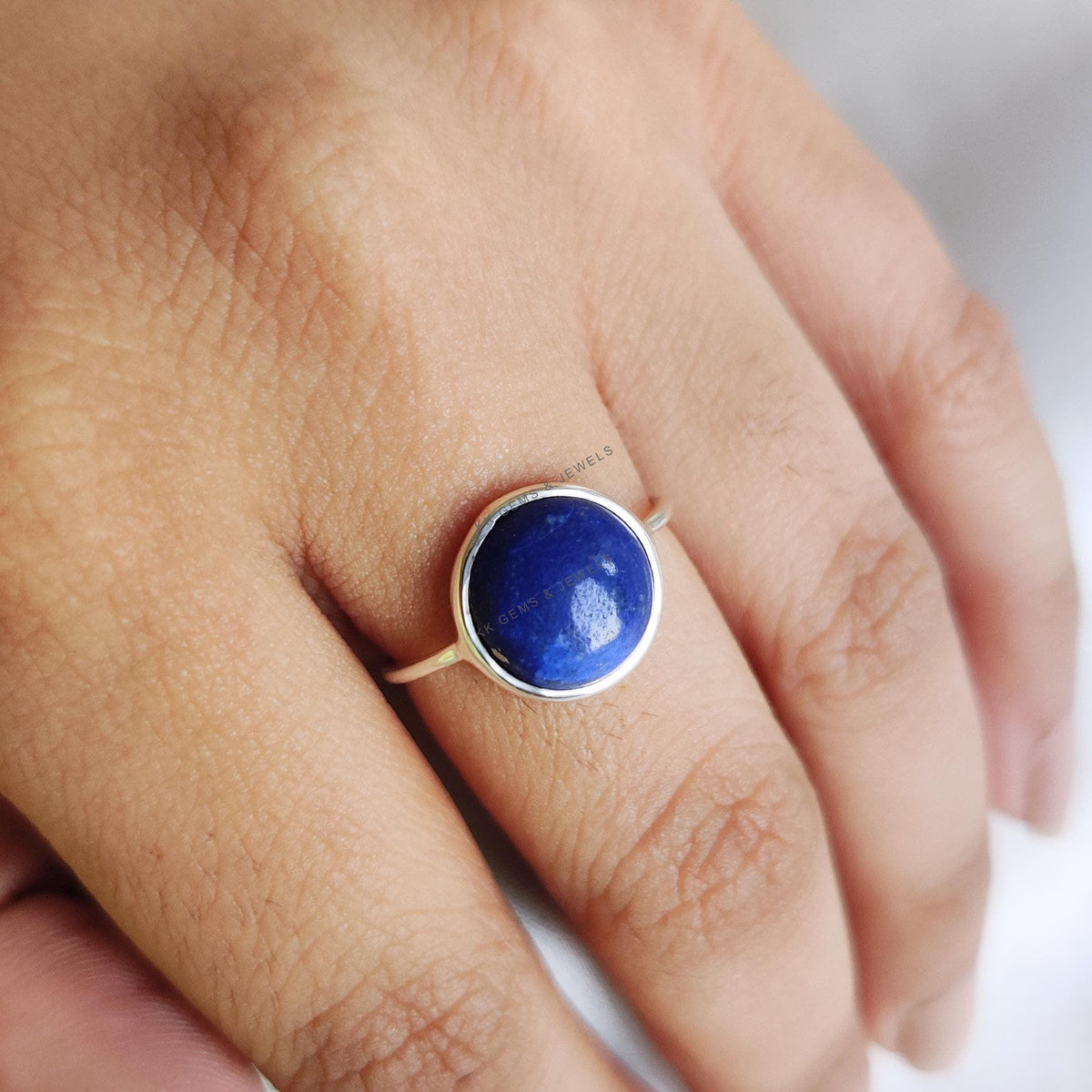 Natural Lapis Lazuli Ring, 14K Solid White Gold Bezel Ring, September Birthstone