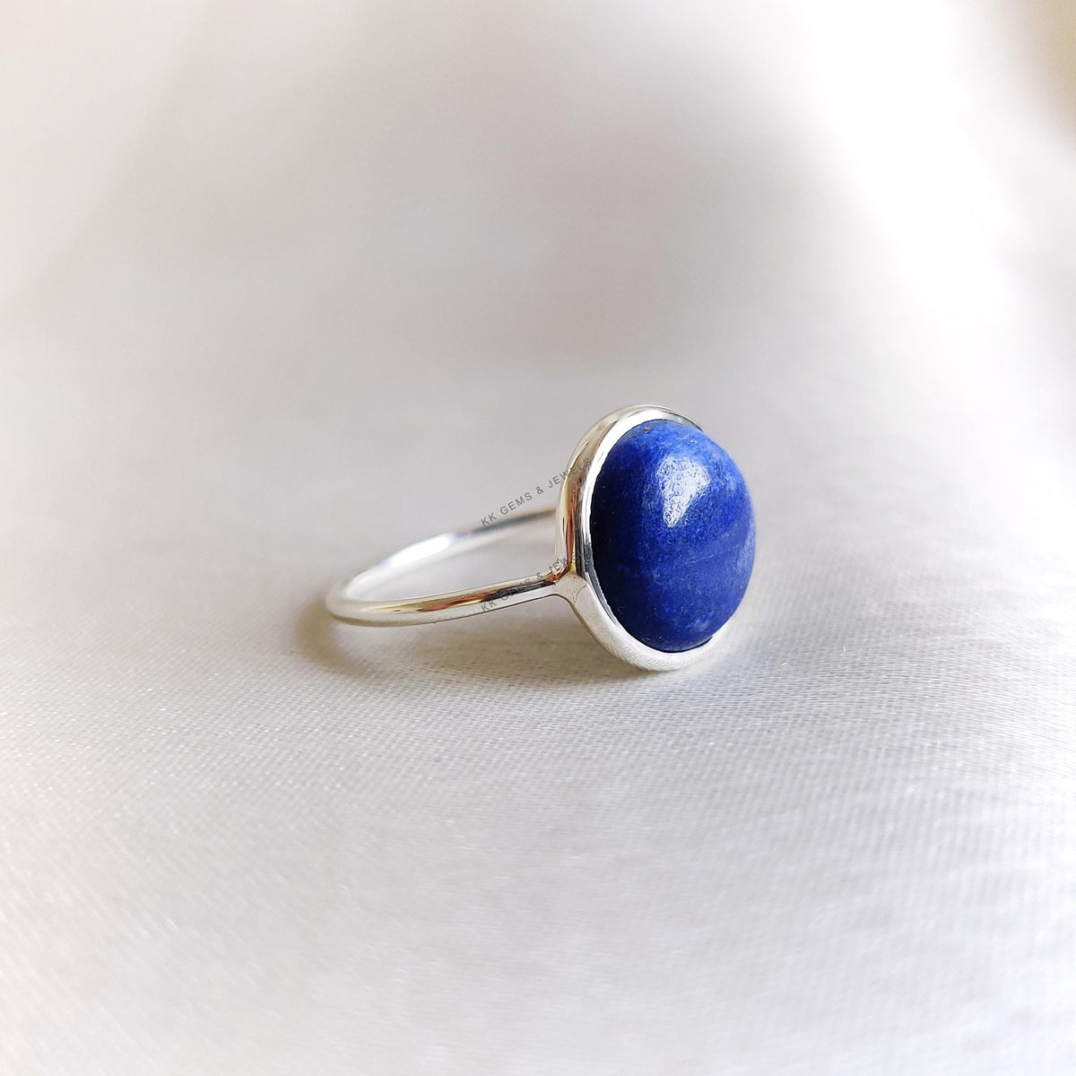 Natural Lapis Lazuli Ring, 14K Solid White Gold Bezel Ring, September Birthstone