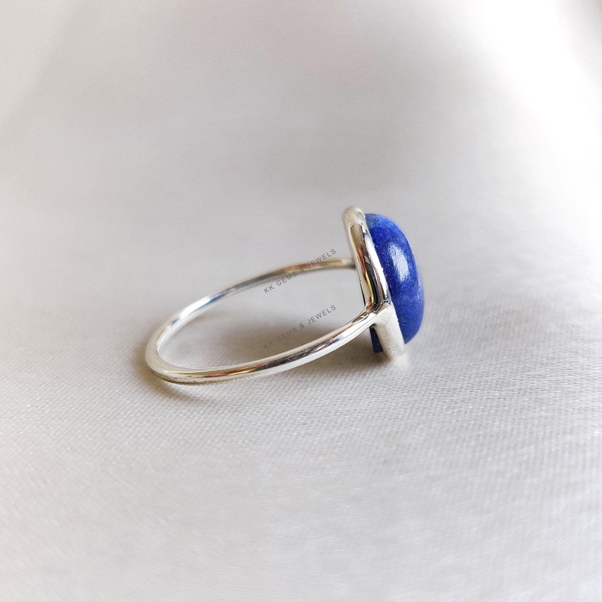 Natural Lapis Lazuli Ring, 14K Solid White Gold Bezel Ring, September Birthstone