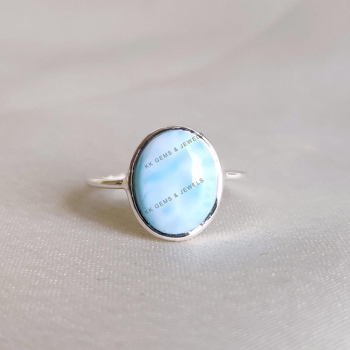 Natural Larimar Ring, 14K Solid White Gold Bezel Ring, Oval Cabochon