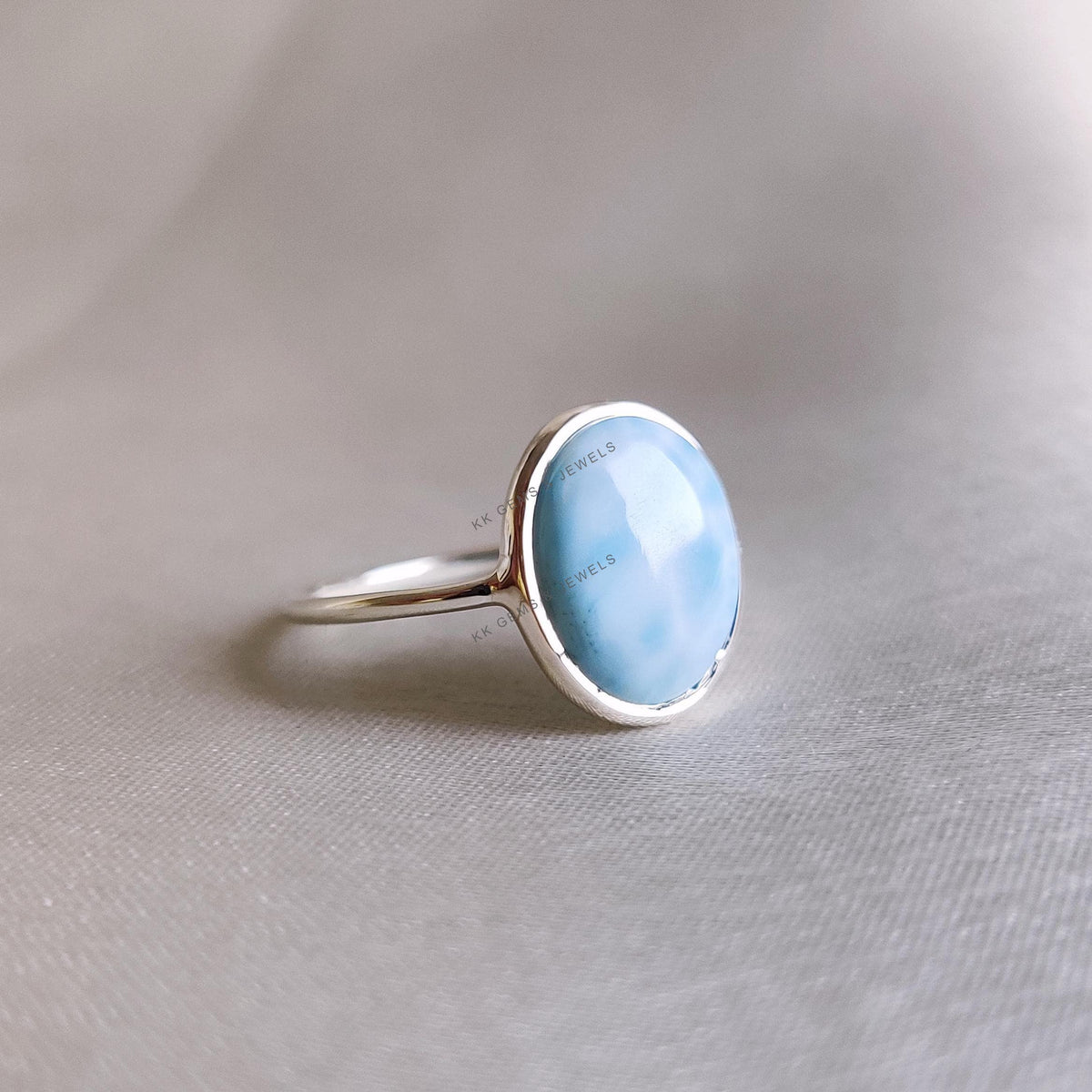 Natural Larimar Ring, 14K Solid White Gold Bezel Ring, Oval Cabochon