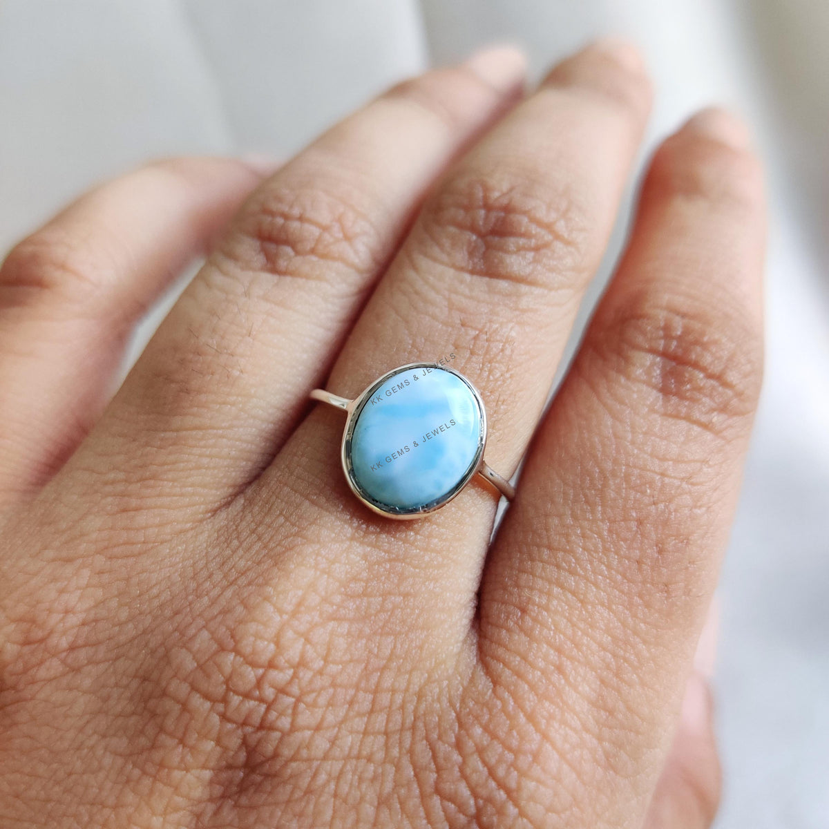 Natural Larimar Ring, 14K Solid White Gold Bezel Ring, Oval Cabochon