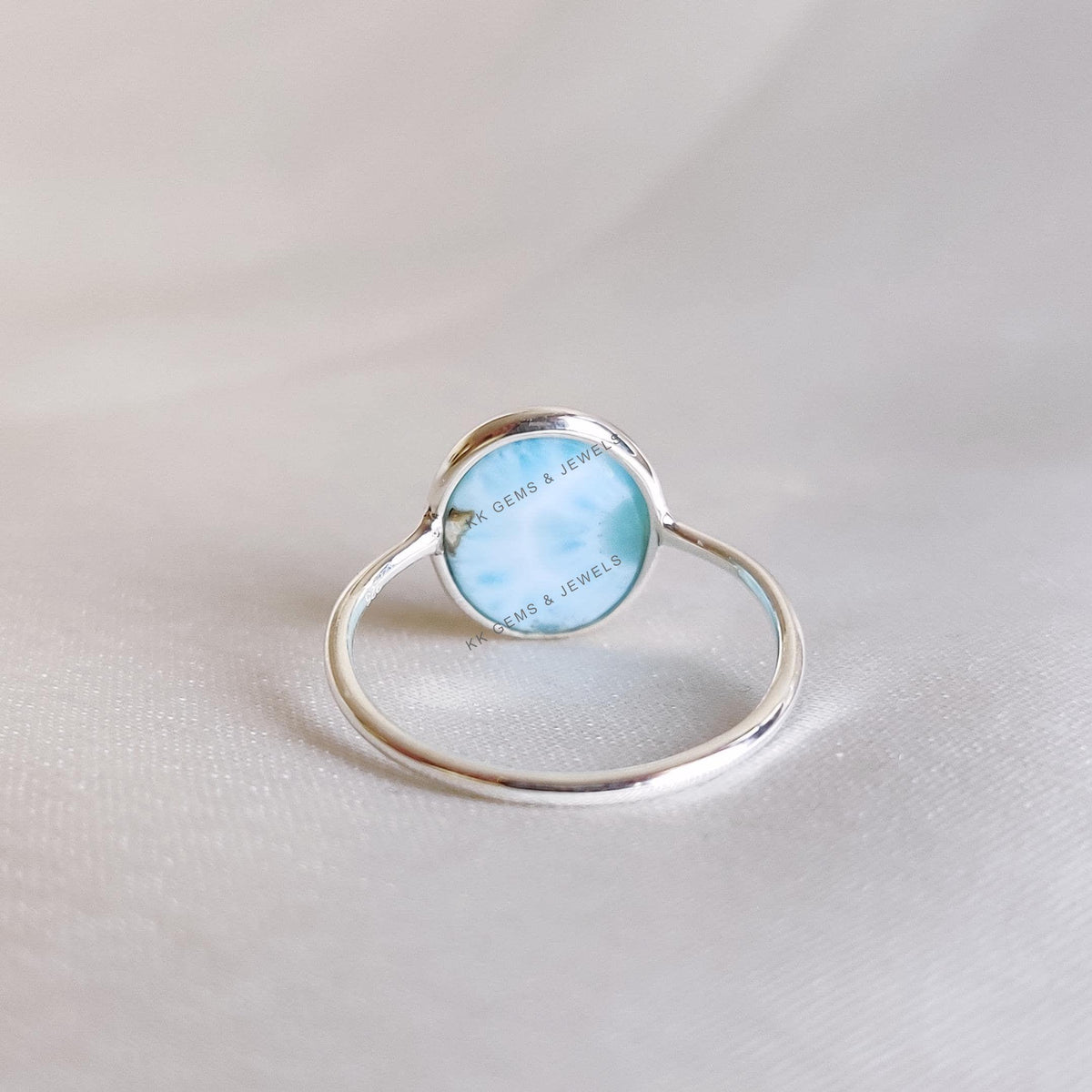 Natural Larimar Ring, 14K Solid White Gold Bezel Ring, Oval Cabochon