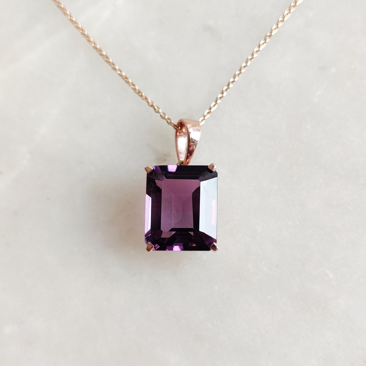 Emerald Cut Natural Purple Amethyst Pendant, 14K Solid Rose Gold, February Birthstone