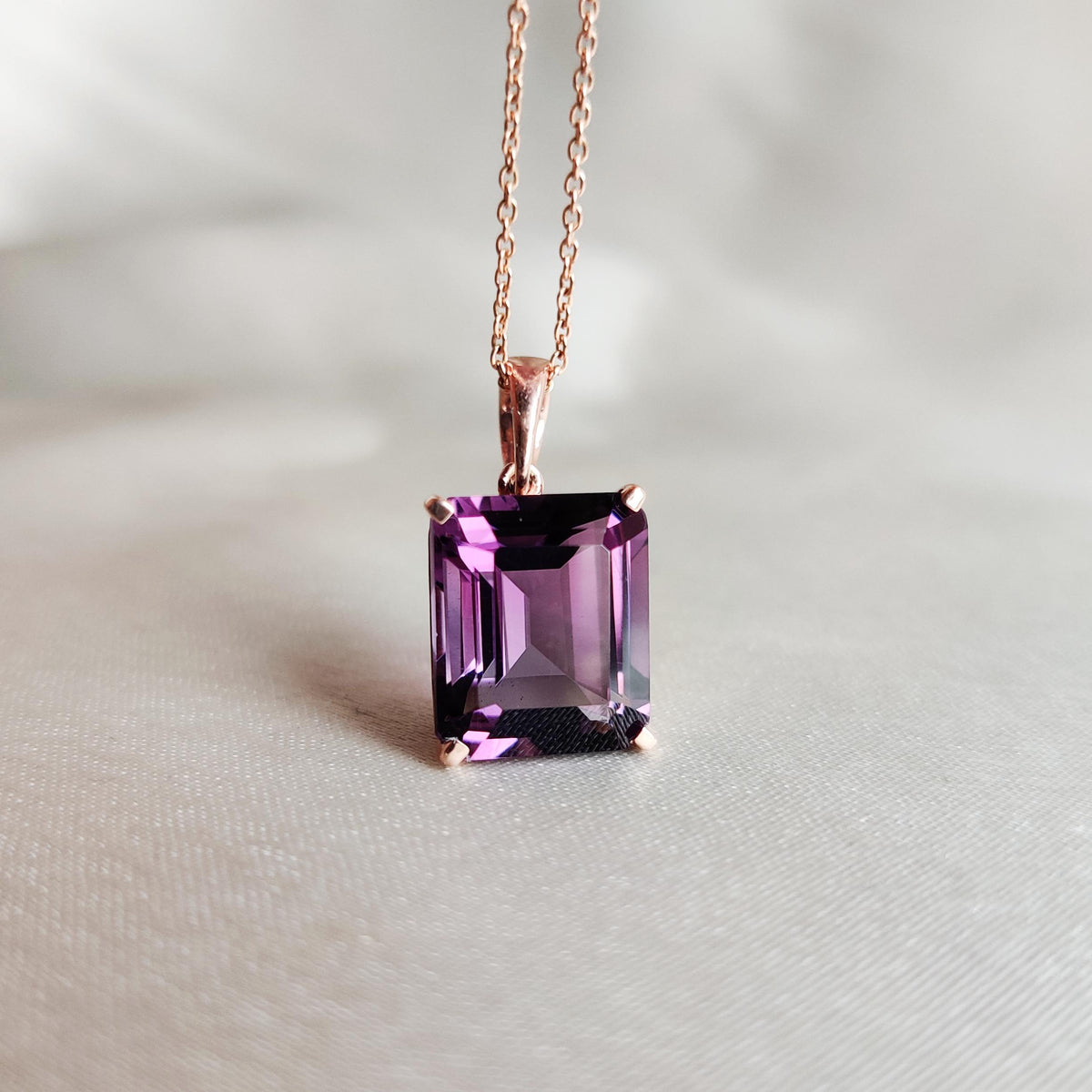 Emerald Cut Natural Purple Amethyst Pendant, 14K Solid Rose Gold, February Birthstone