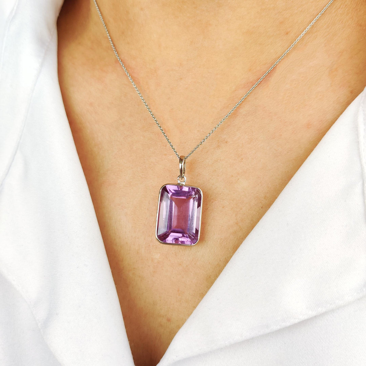 Emerald Cut Natural Purple Amethyst Pendant, 14K Solid White Gold, February Birthstone