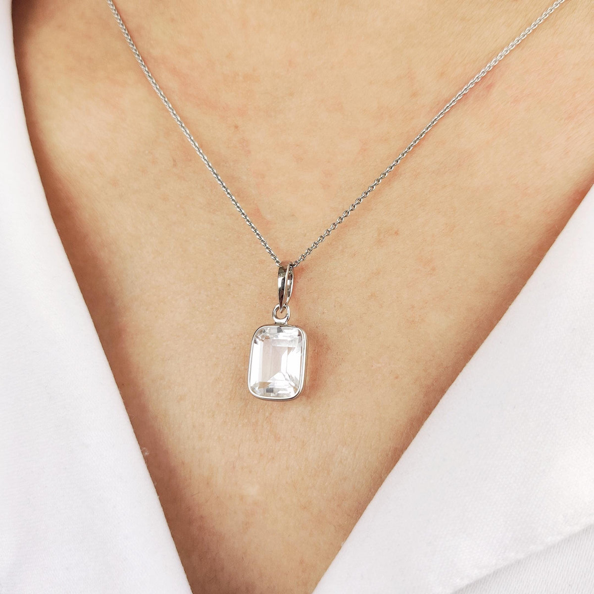 14K Solid Gold Natural White Topaz Pendant - Emerald Cut November Birthstone