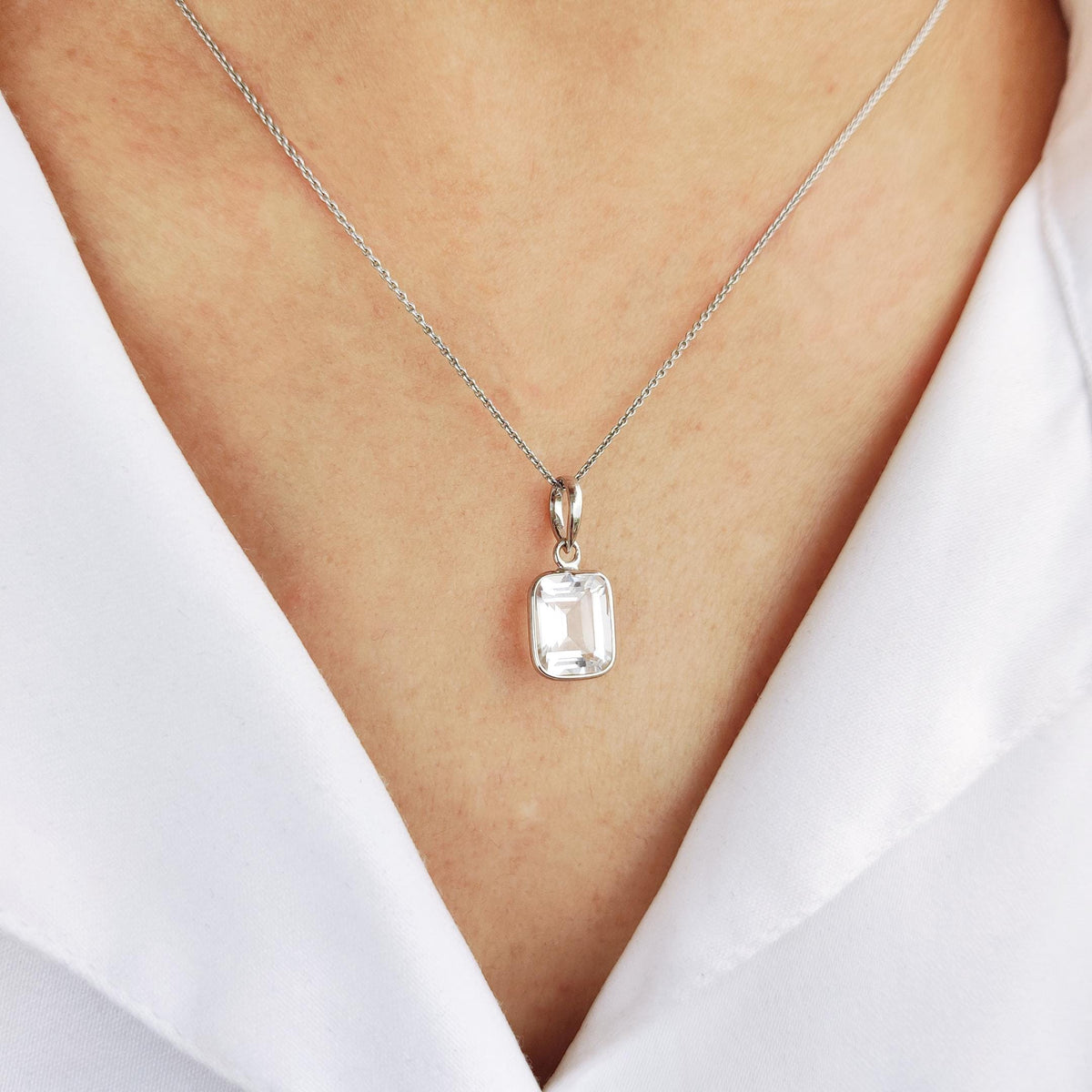 14K Solid Gold Natural White Topaz Pendant - Emerald Cut November Birthstone