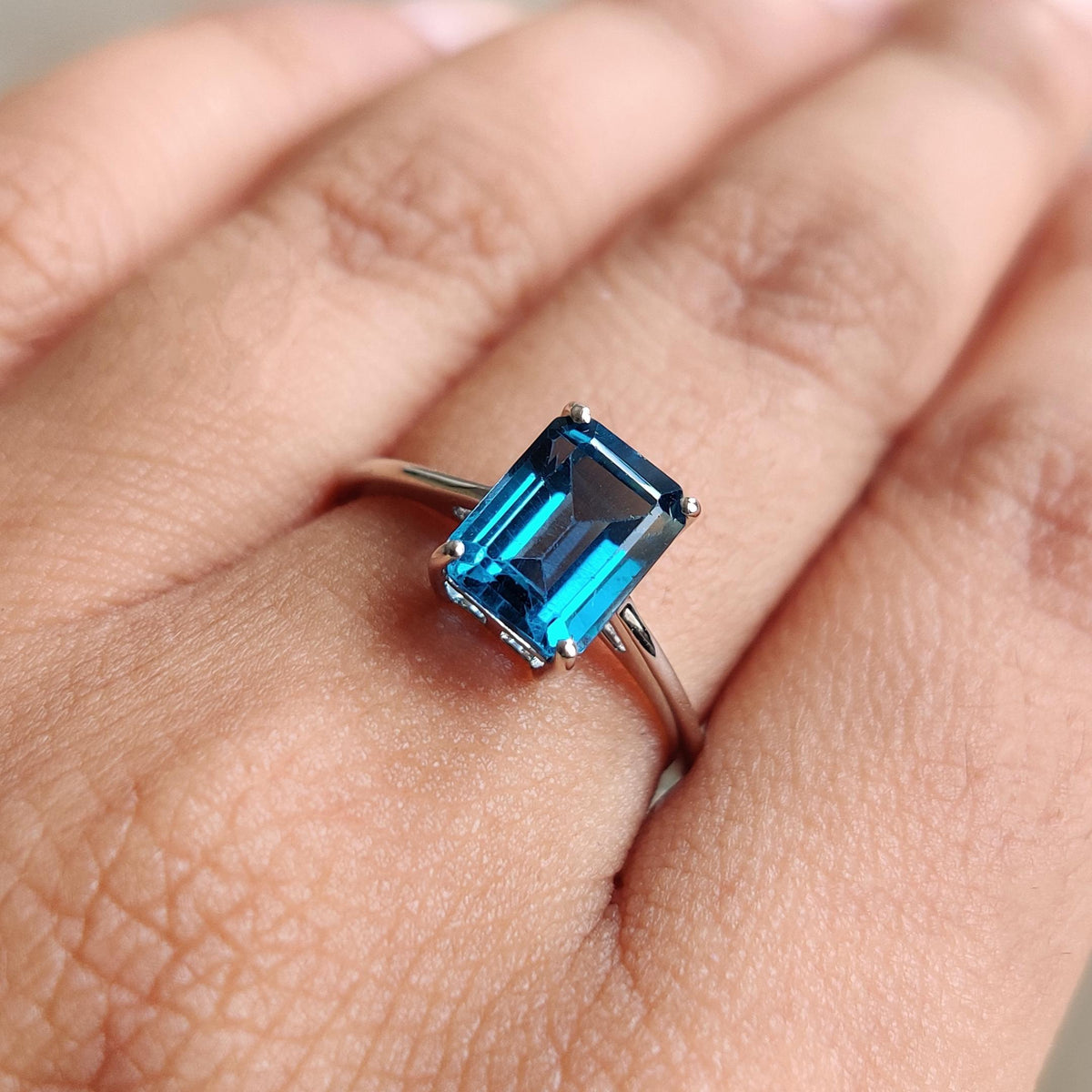 Natural London Blue Topaz 14K Solid White Gold Octagon Ring, Statement Jewelry