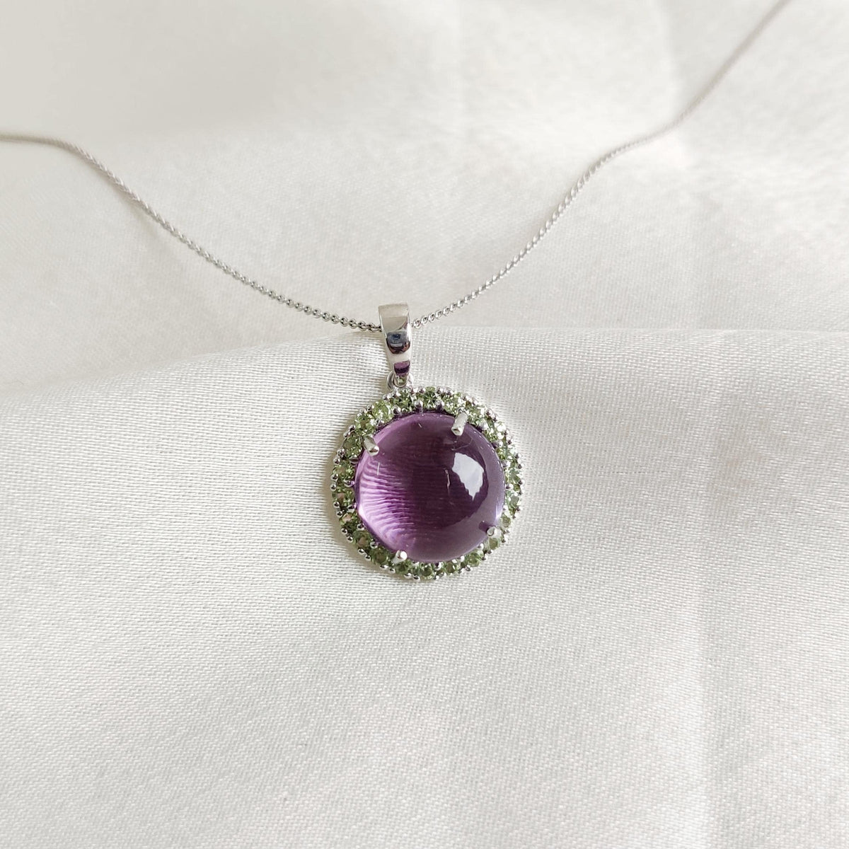 Natural Purple Amethyst & Peridot Pendant, 14K Solid White Gold Pendant, Round Cabochon Halo Jewelry