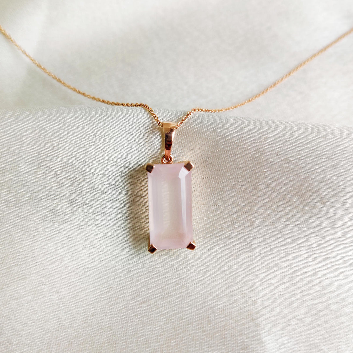 Emerald Cut Natural Rose Quartz Pendant, 14K Solid Rose Gold, January Birthstone