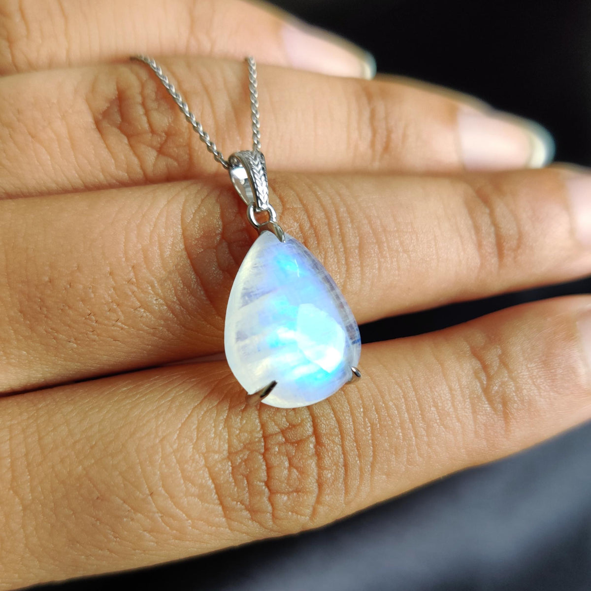 Natural Rainbow Moonstone Pendant, Pear Cabochon, 14K Solid White Gold