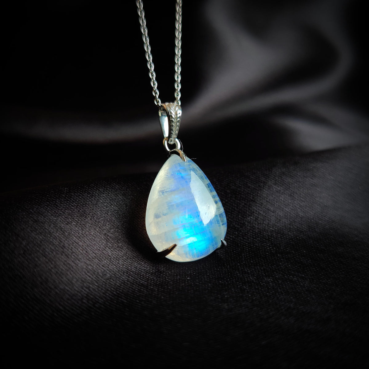 Natural Rainbow Moonstone Pendant, Pear Cabochon, 14K Solid White Gold