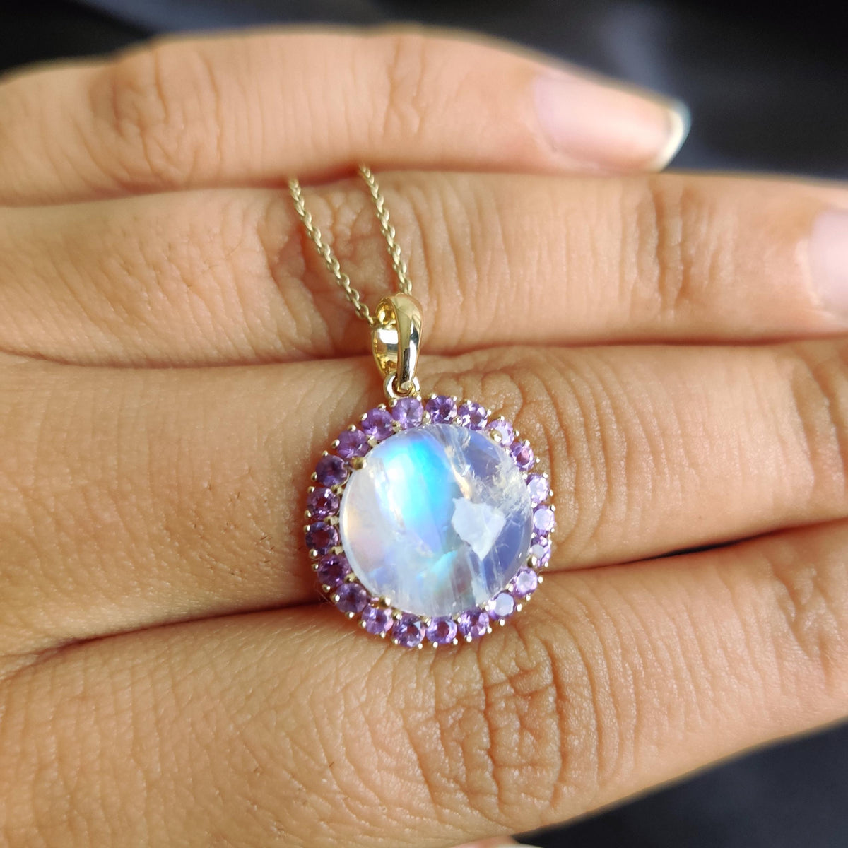 Natural Rainbow Moonstone & Purple Amethyst Pendant, 14K Solid Yellow Gold Halo Pendant, June February Birthstone