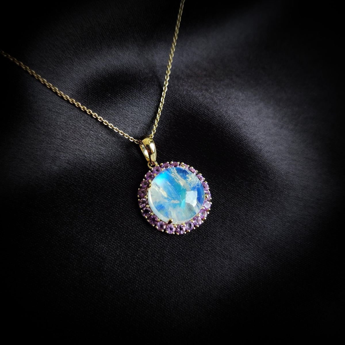 Natural Rainbow Moonstone & Purple Amethyst Pendant, 14K Solid Yellow Gold Halo Pendant, June February Birthstone