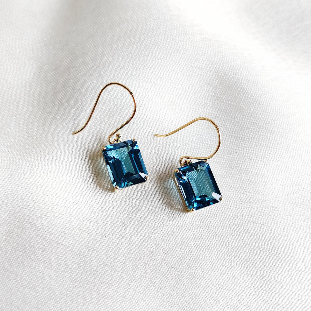 Natural London Blue Topaz Octagon Earrings, 14K Solid Yellow Gold, December Birthstone