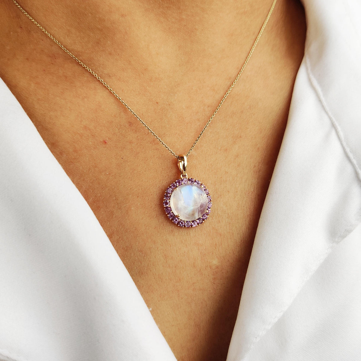 Natural Rainbow Moonstone & Purple Amethyst Pendant, 14K Solid Yellow Gold Halo Pendant, June February Birthstone
