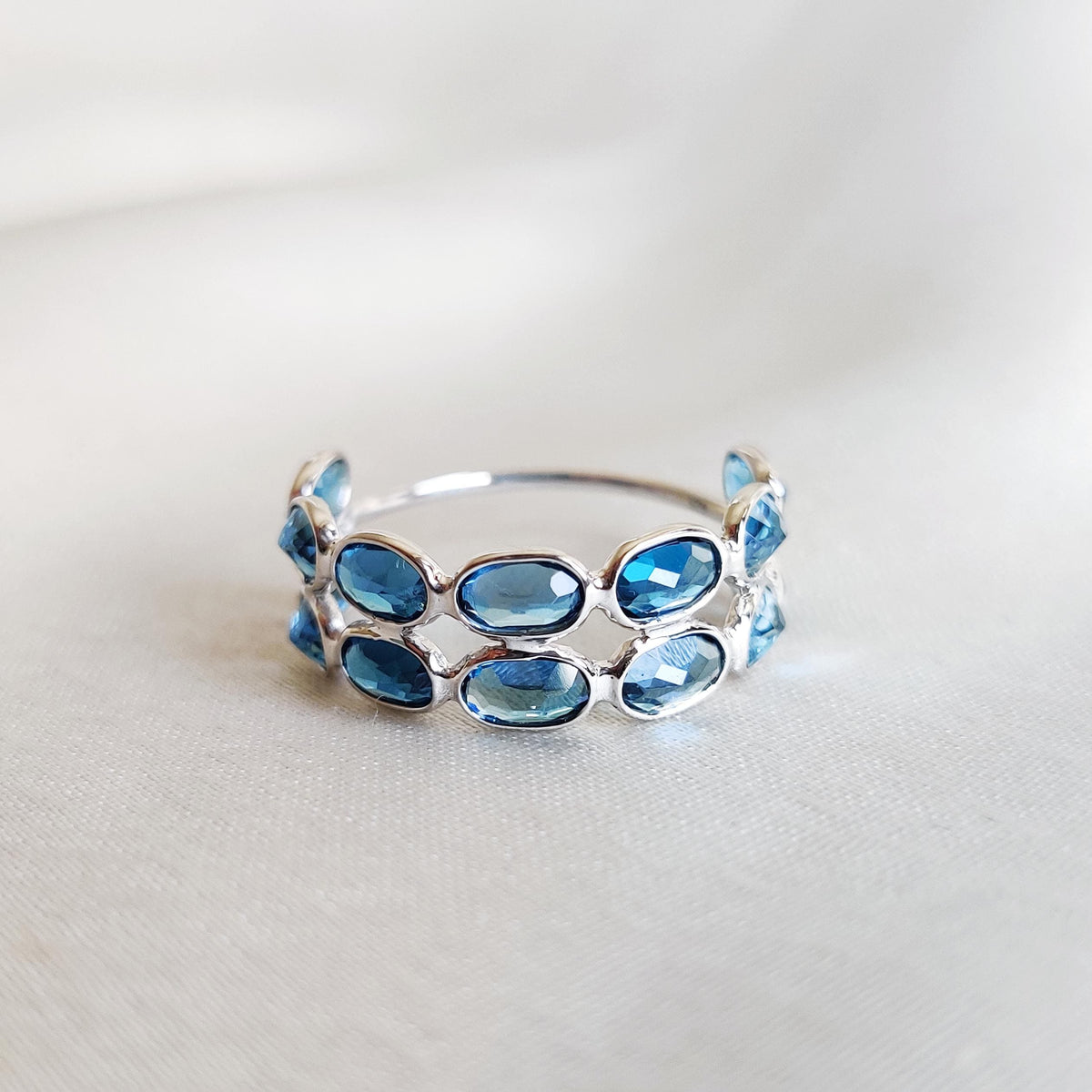 Natural London Blue Topaz Stackable Ring, 14K Solid White Gold, December Birthstone
