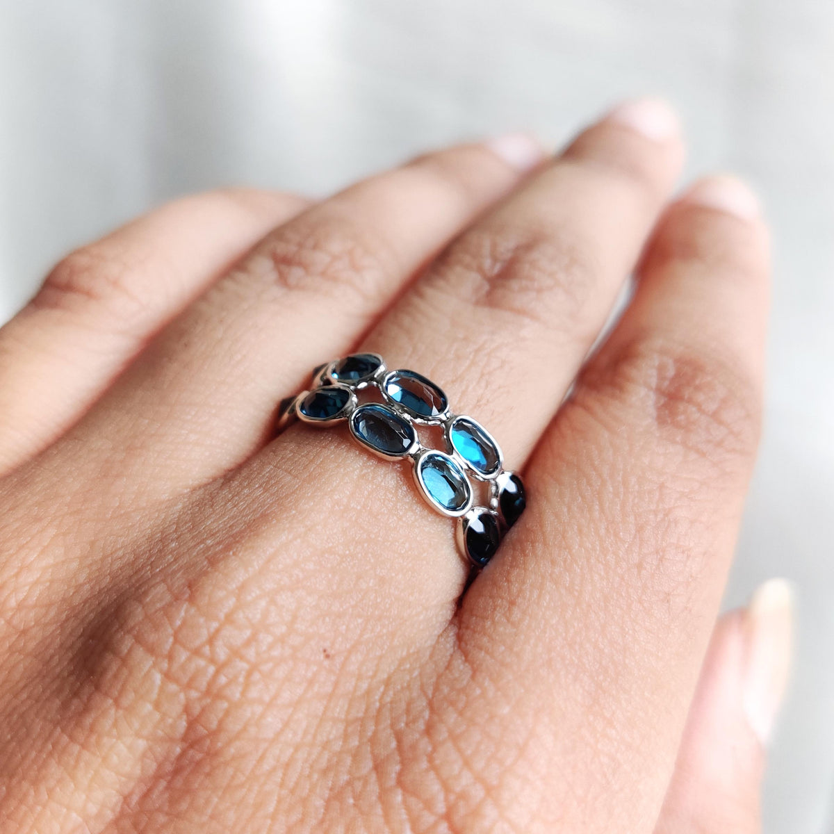Natural London Blue Topaz Stackable Ring, 14K Solid White Gold, December Birthstone