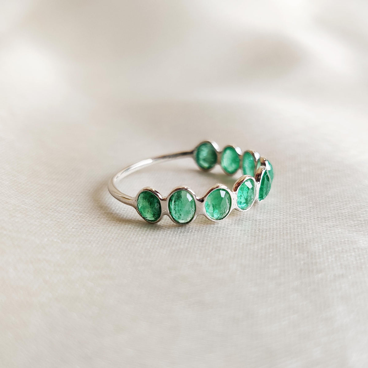Natural Emerald Infinity Ring, 14K Solid White Gold Bezel Band