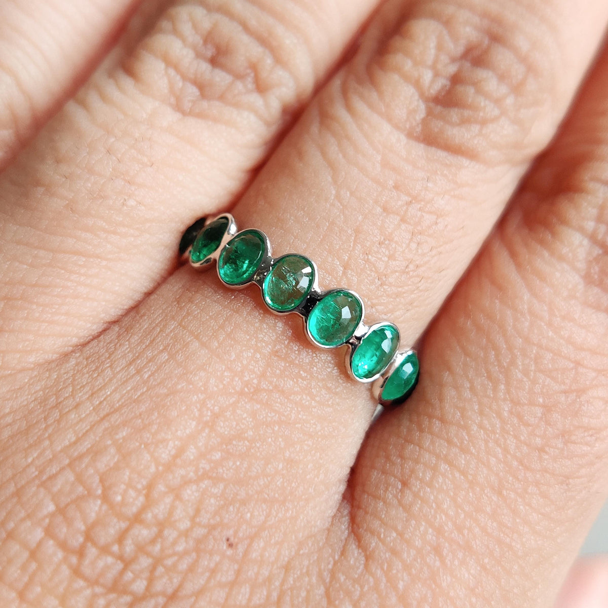 Natural Emerald Infinity Ring, 14K Solid White Gold Bezel Band