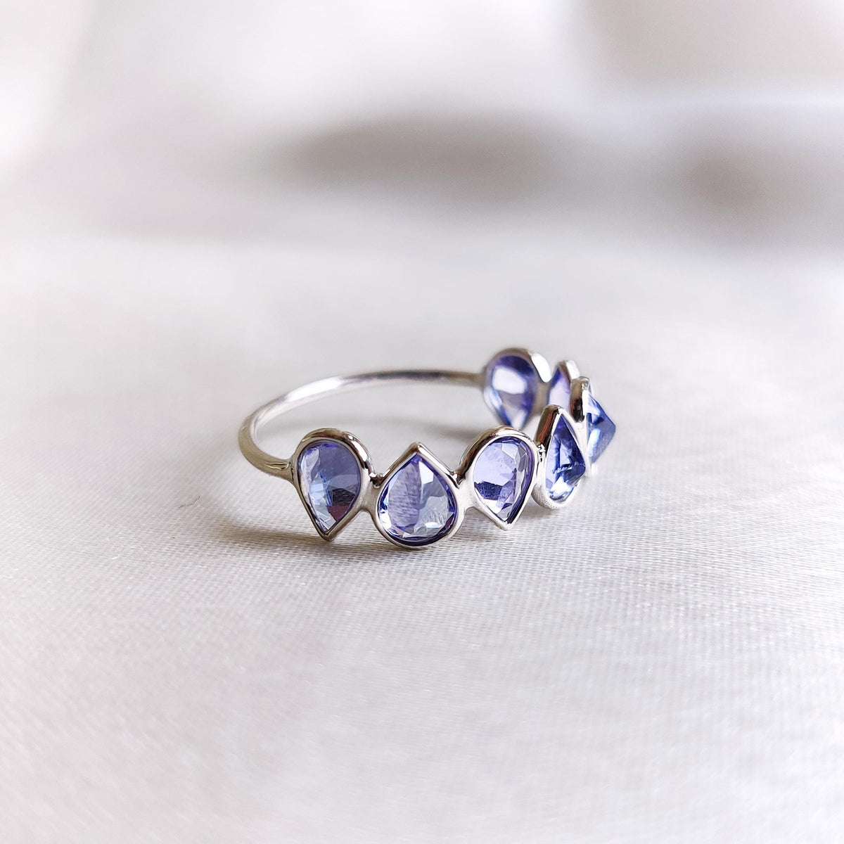 Natural Tanzanite Pear Cut 14K Solid White Gold Ring, December Birthstone