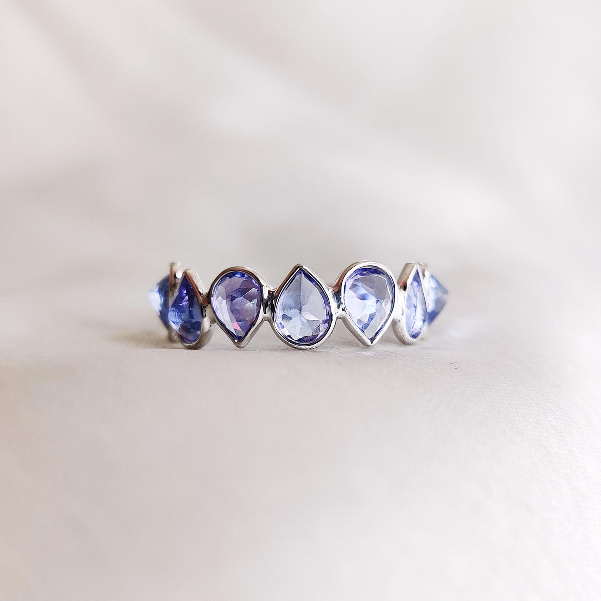 Natural Tanzanite Pear Cut 14K Solid White Gold Ring, December Birthstone