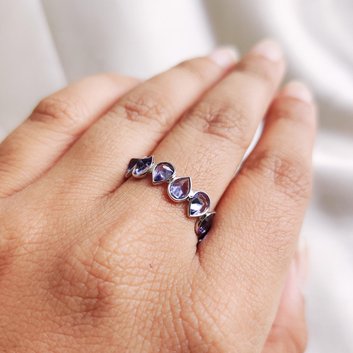 Natural Tanzanite Pear Cut 14K Solid White Gold Ring, December Birthstone