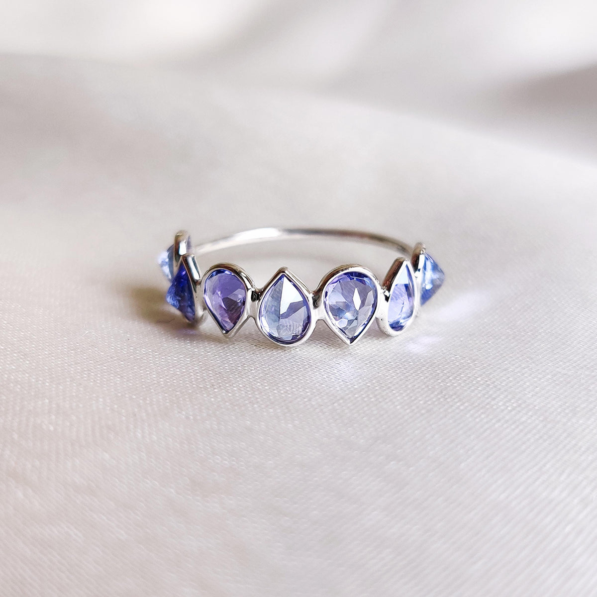 Natural Tanzanite Pear Cut 14K Solid White Gold Ring, December Birthstone