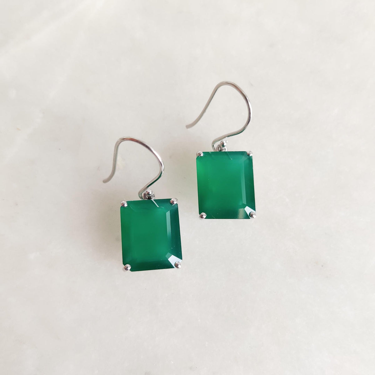Natural Green Onyx Earrings, 14K Solid White Gold Octagon Earrings, May Birthstone
