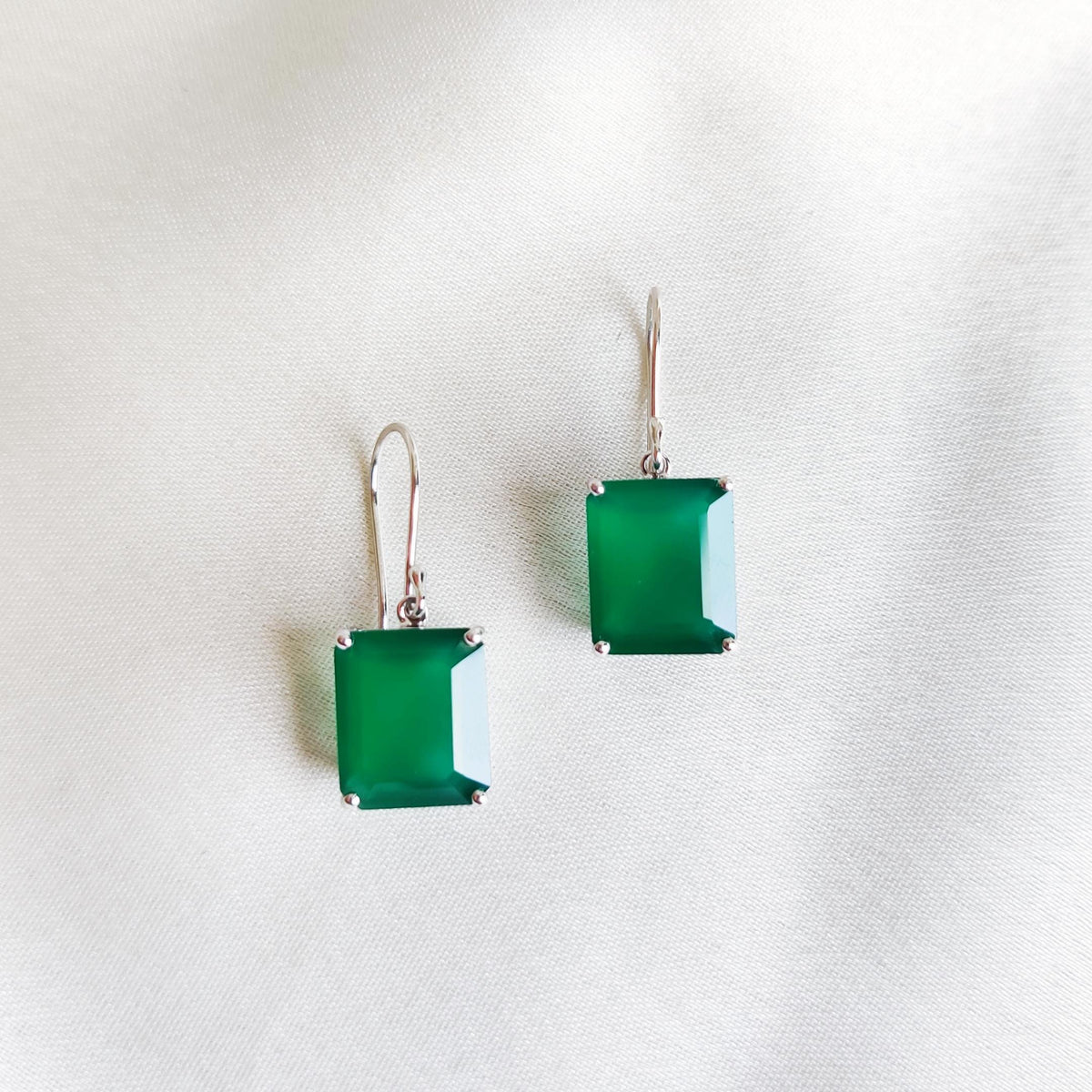 Natural Green Onyx Earrings, 14K Solid White Gold Octagon Earrings, May Birthstone