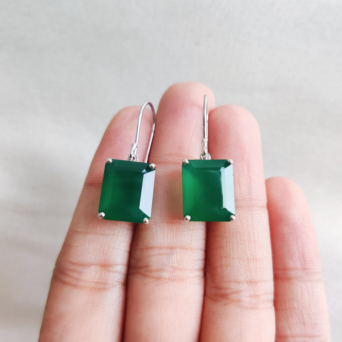 Natural Green Onyx Earrings, 14K Solid White Gold Octagon Earrings, May Birthstone