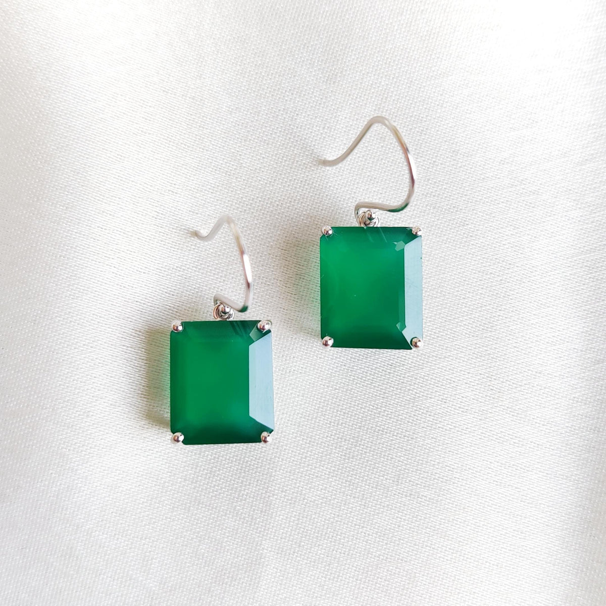 Natural Green Onyx Earrings, 14K Solid White Gold Octagon Earrings, May Birthstone
