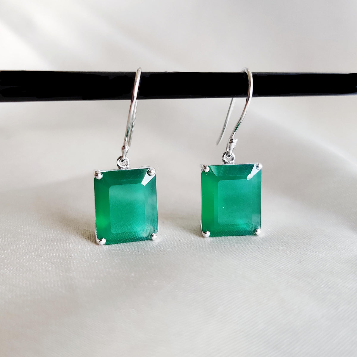 Natural Green Onyx Earrings, 14K Solid White Gold Octagon Earrings, May Birthstone