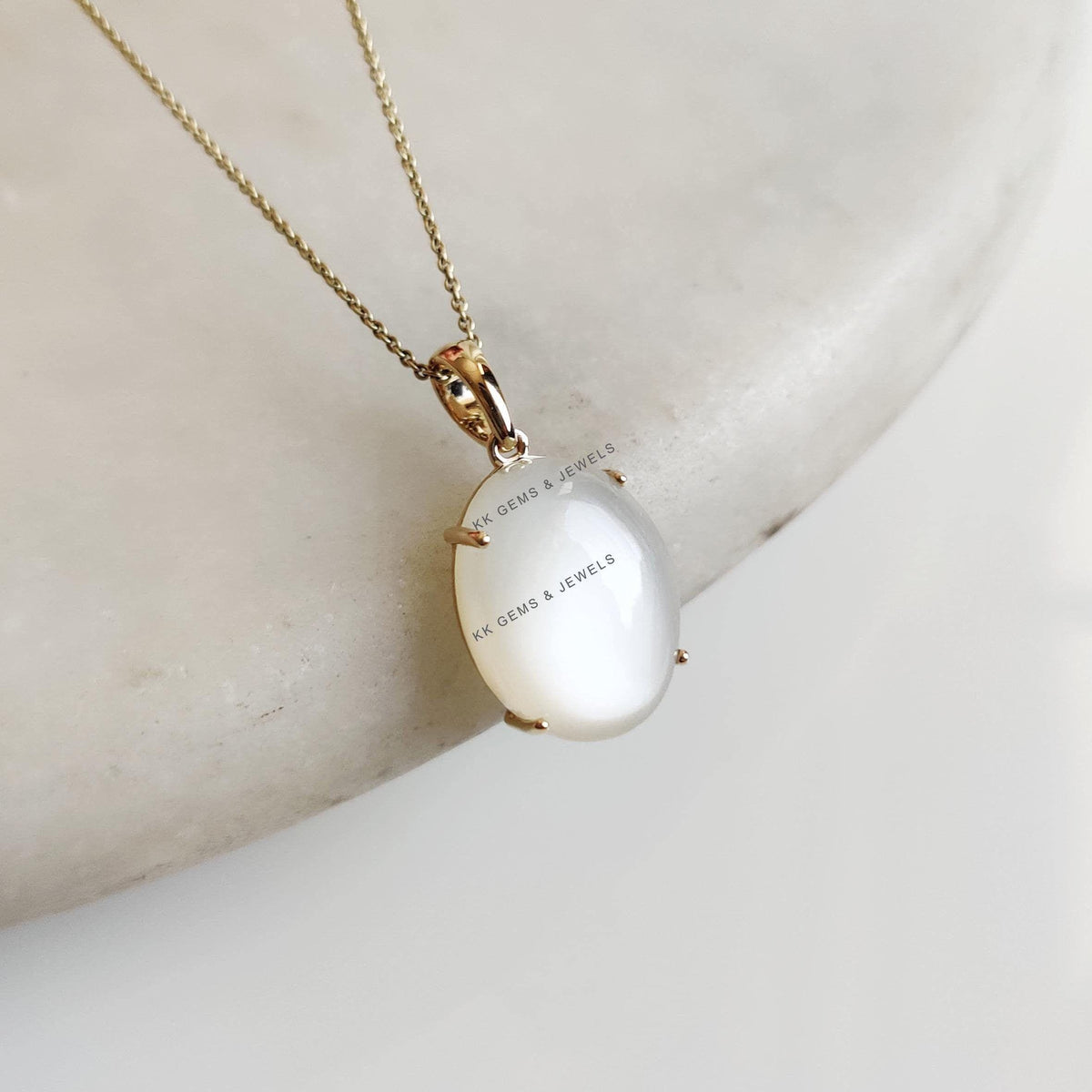 14K Solid Yellow Gold Natural White Moonstone Pendant, June Birthstone