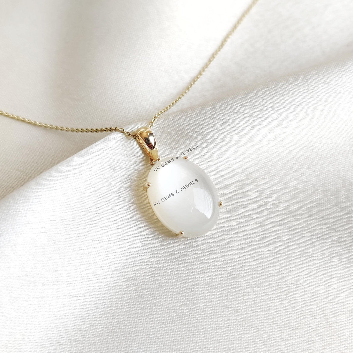 14K Solid Yellow Gold Natural White Moonstone Pendant, June Birthstone