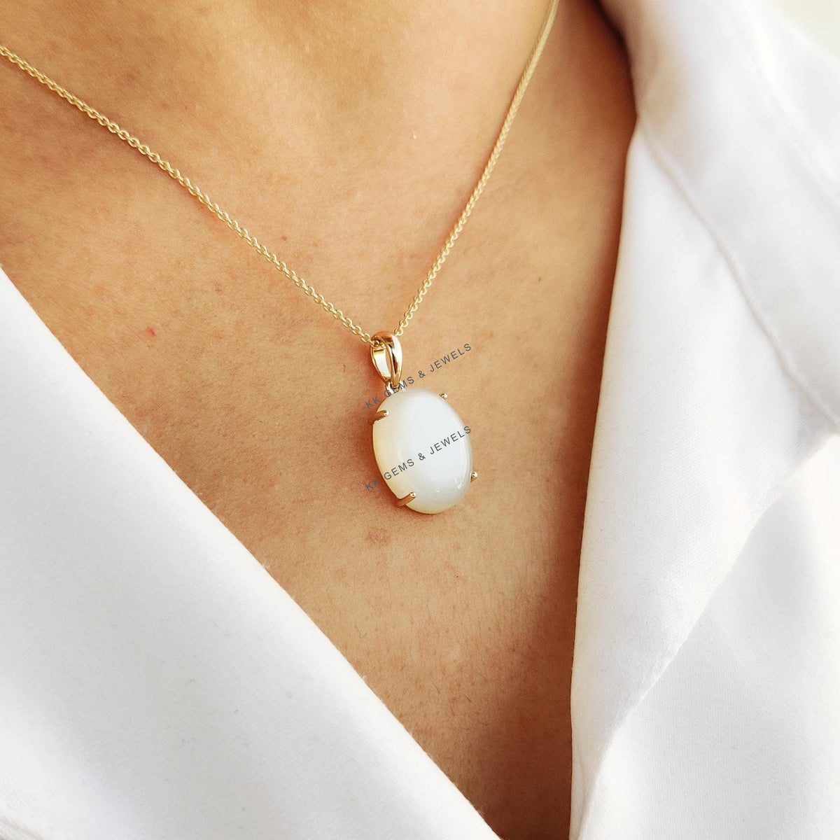 14K Solid Yellow Gold Natural White Moonstone Pendant, June Birthstone