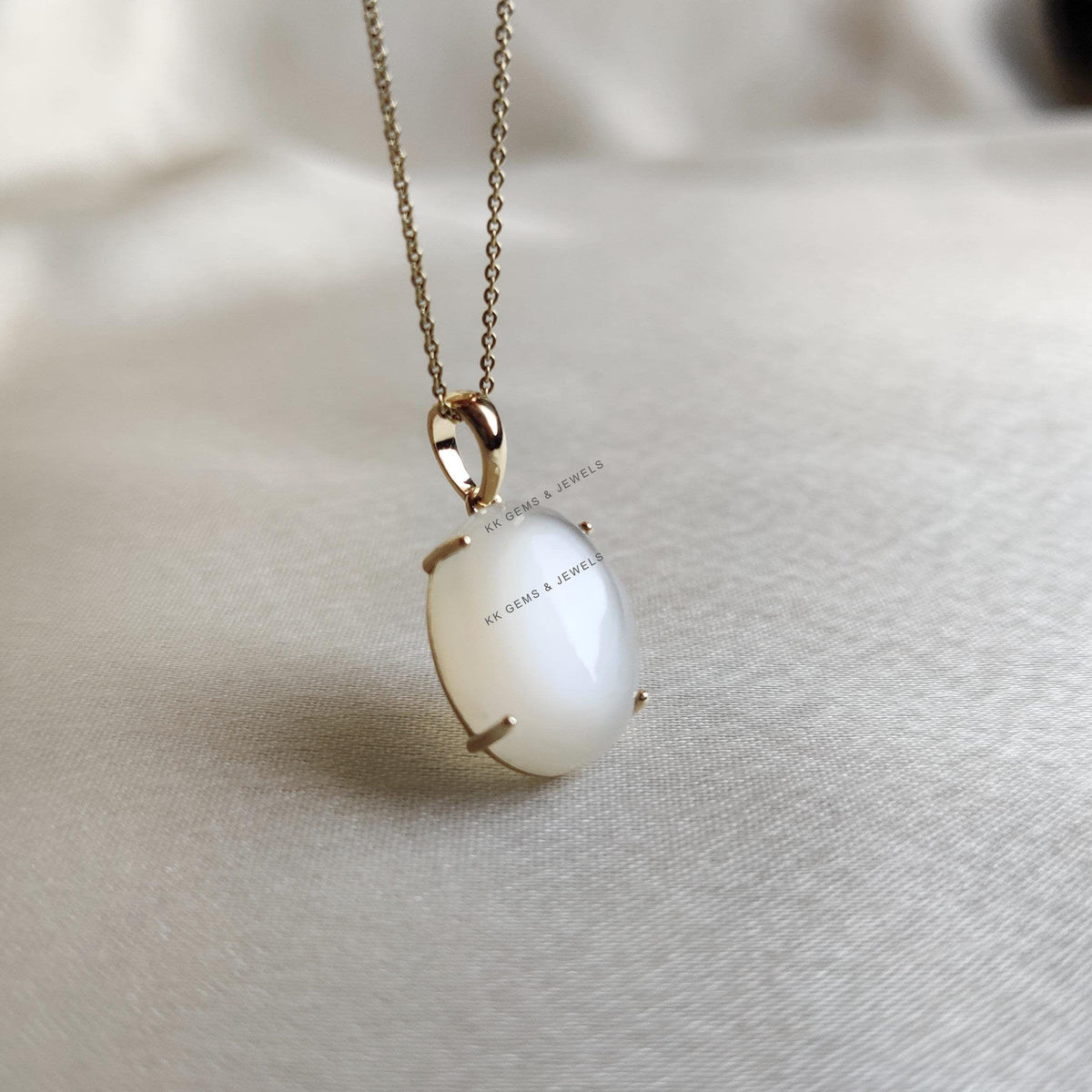 14K Solid Yellow Gold Natural White Moonstone Pendant, June Birthstone