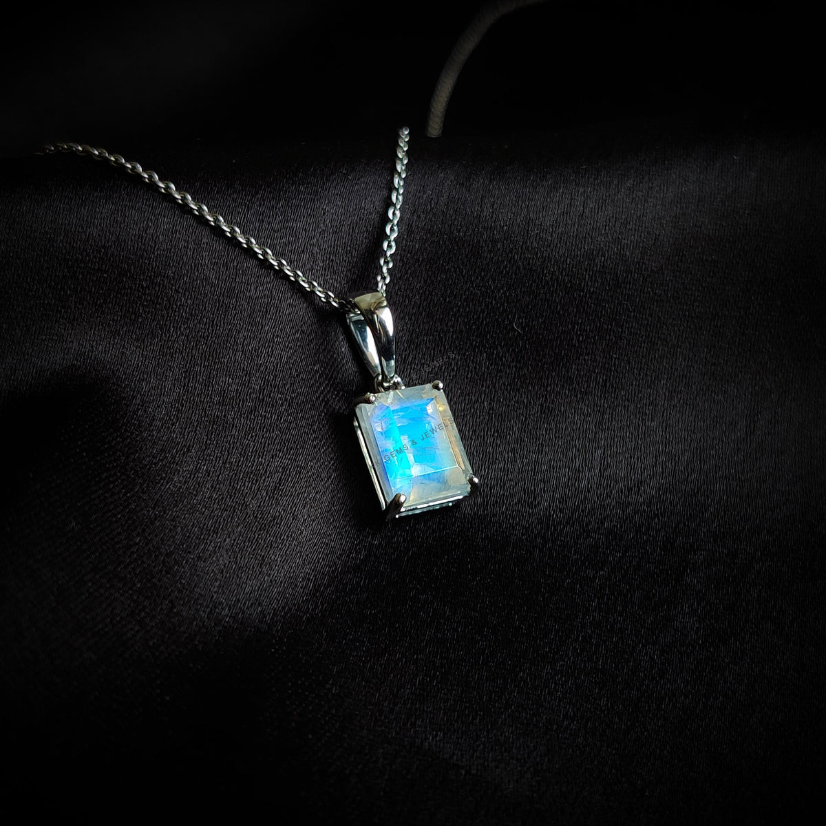 Natural Rainbow Moonstone Octagon Pendant, 14K Solid White Gold, June Birthstone