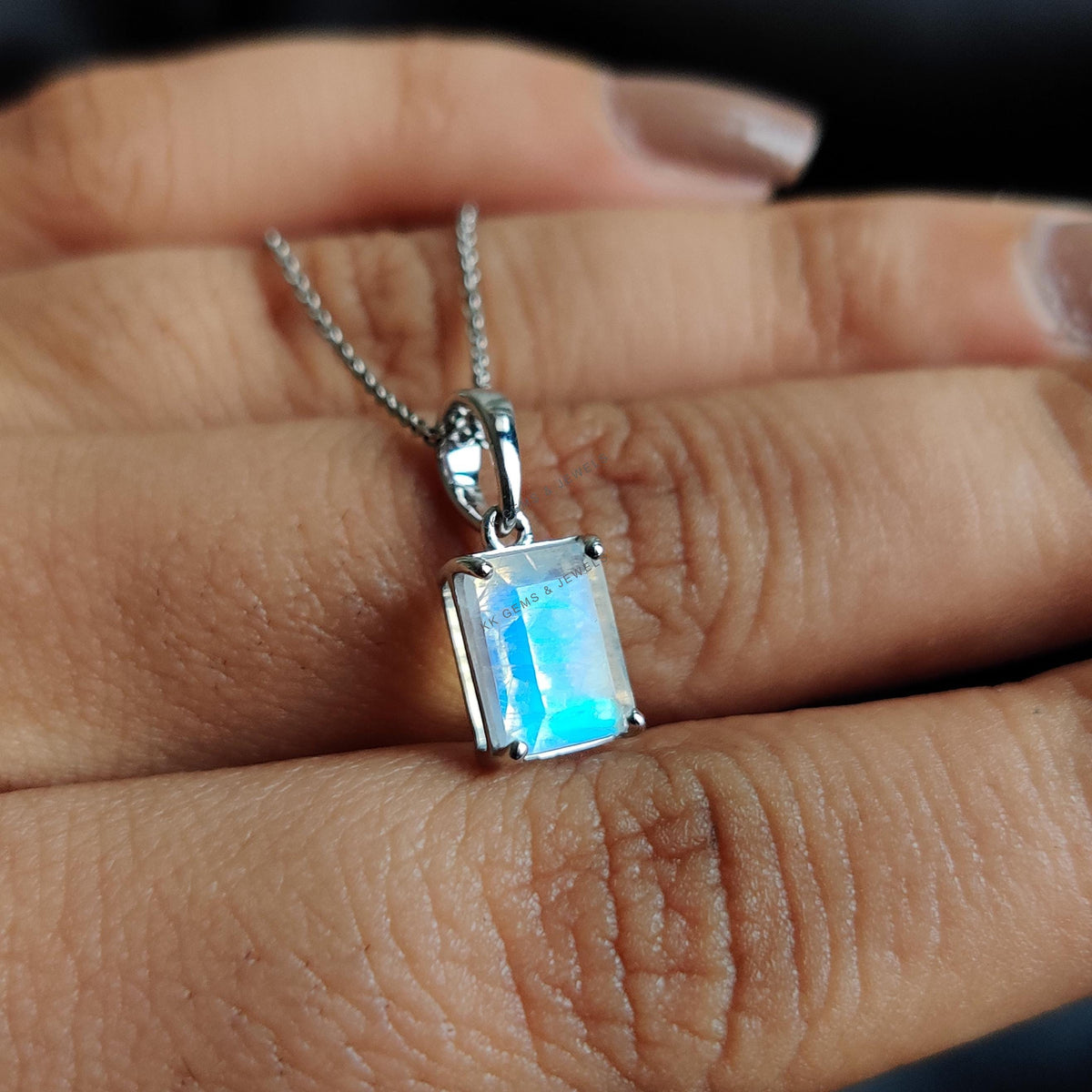 Natural Rainbow Moonstone Octagon Pendant, 14K Solid White Gold, June Birthstone