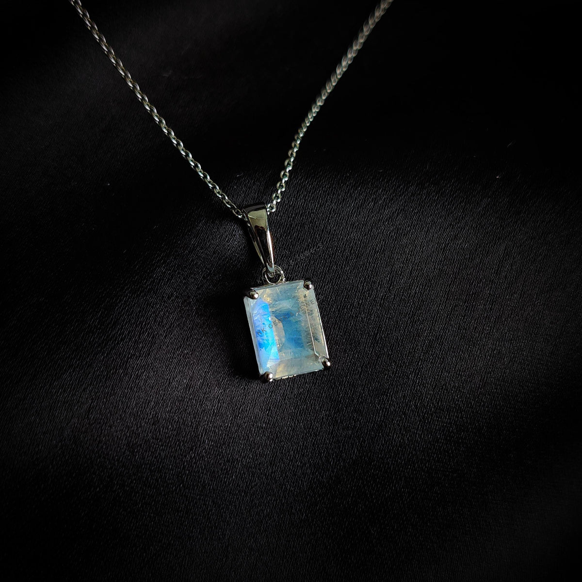 Natural Rainbow Moonstone Octagon Pendant, 14K Solid White Gold, June Birthstone