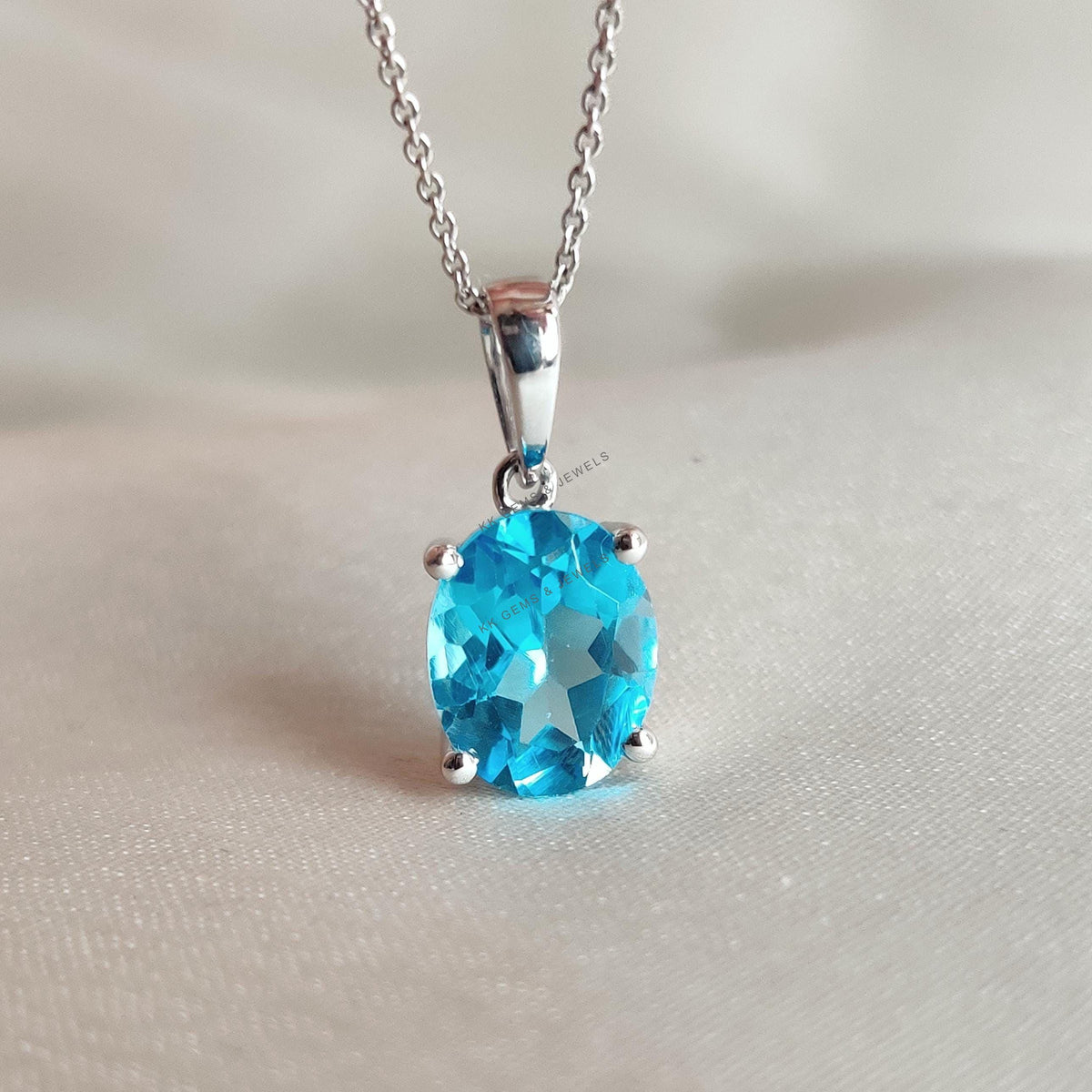 Natural Swiss Blue Topaz Pendant, 14K Solid White Gold, December Birthstone