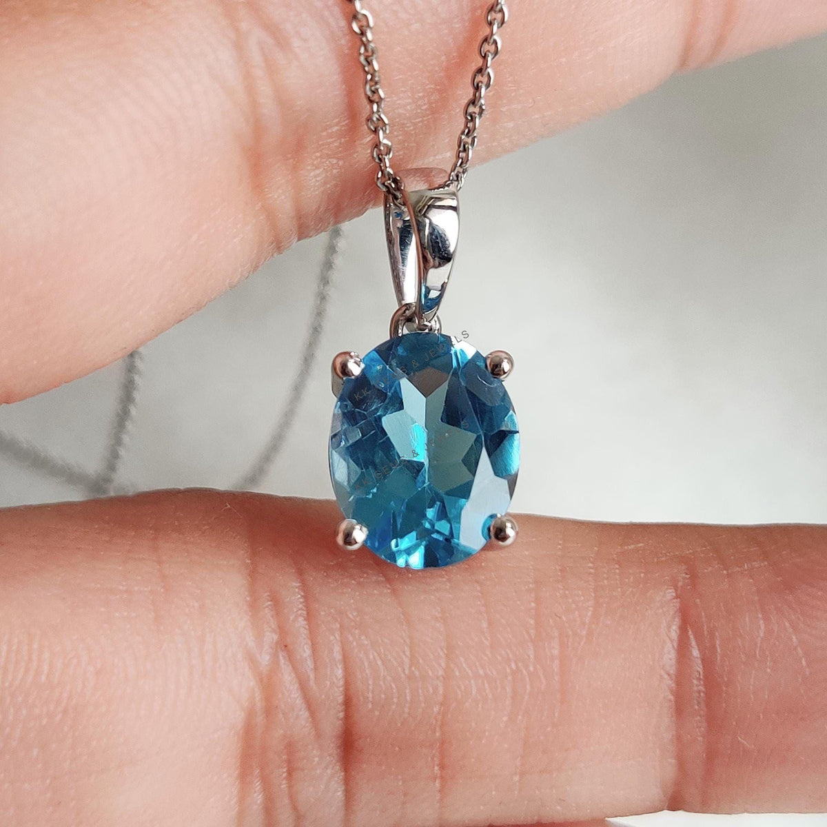Natural Swiss Blue Topaz Pendant, 14K Solid White Gold, December Birthstone