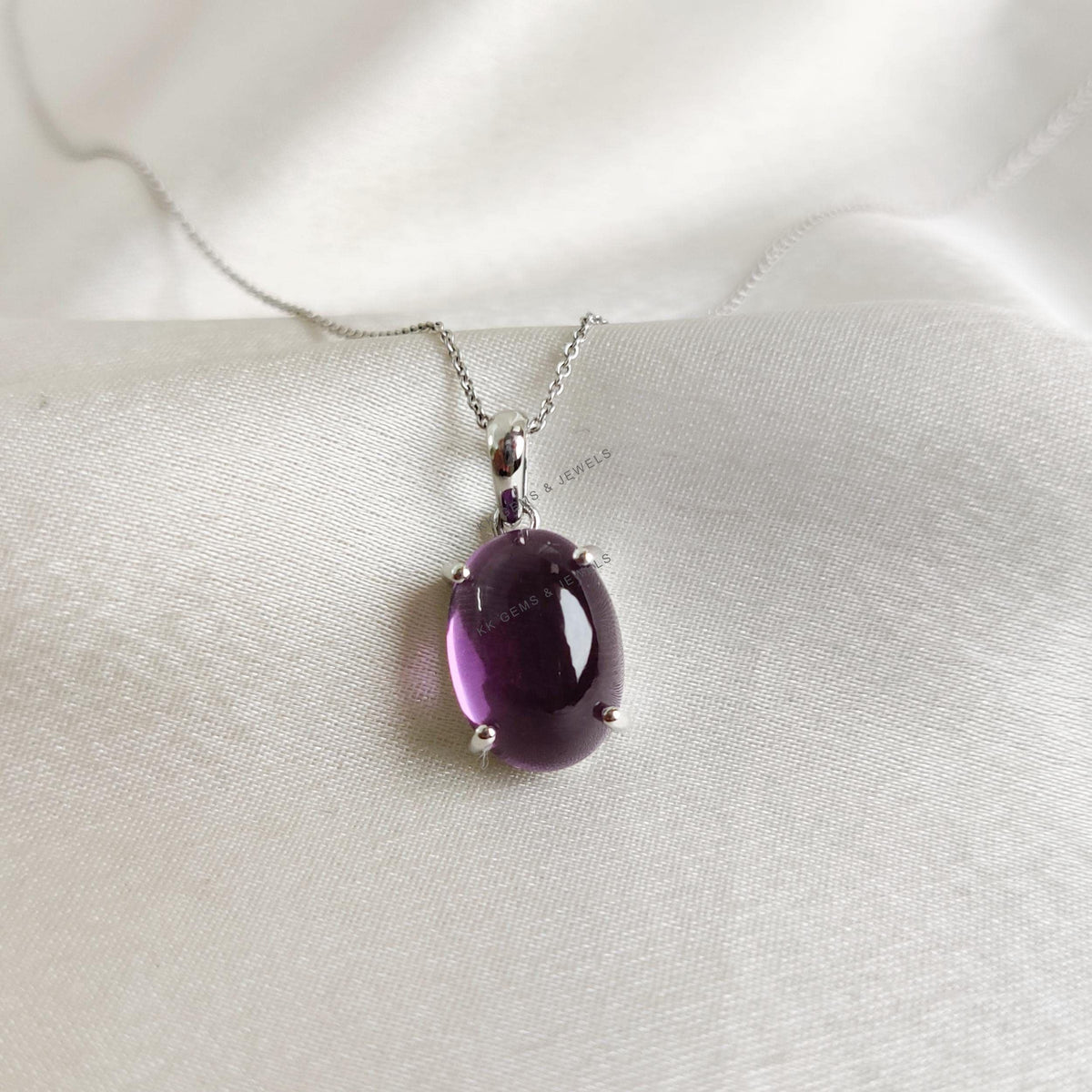 Natural Purple Amethyst Pendant, 14K Solid White Gold, February Birthstone