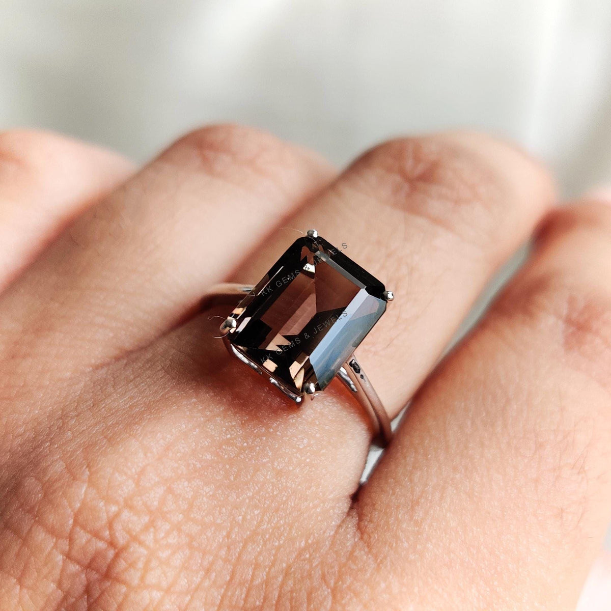Natural Smoky Quartz Ring, 14K Solid White Gold Octagon Ring